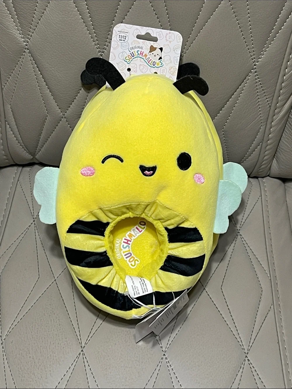 Squishmallows Yellow Bee Slippers with Mint Wings and Black Stripes